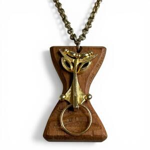 Vintage Unique Carved Wood Hourglass Pendant Necklace Gold Tone Accents